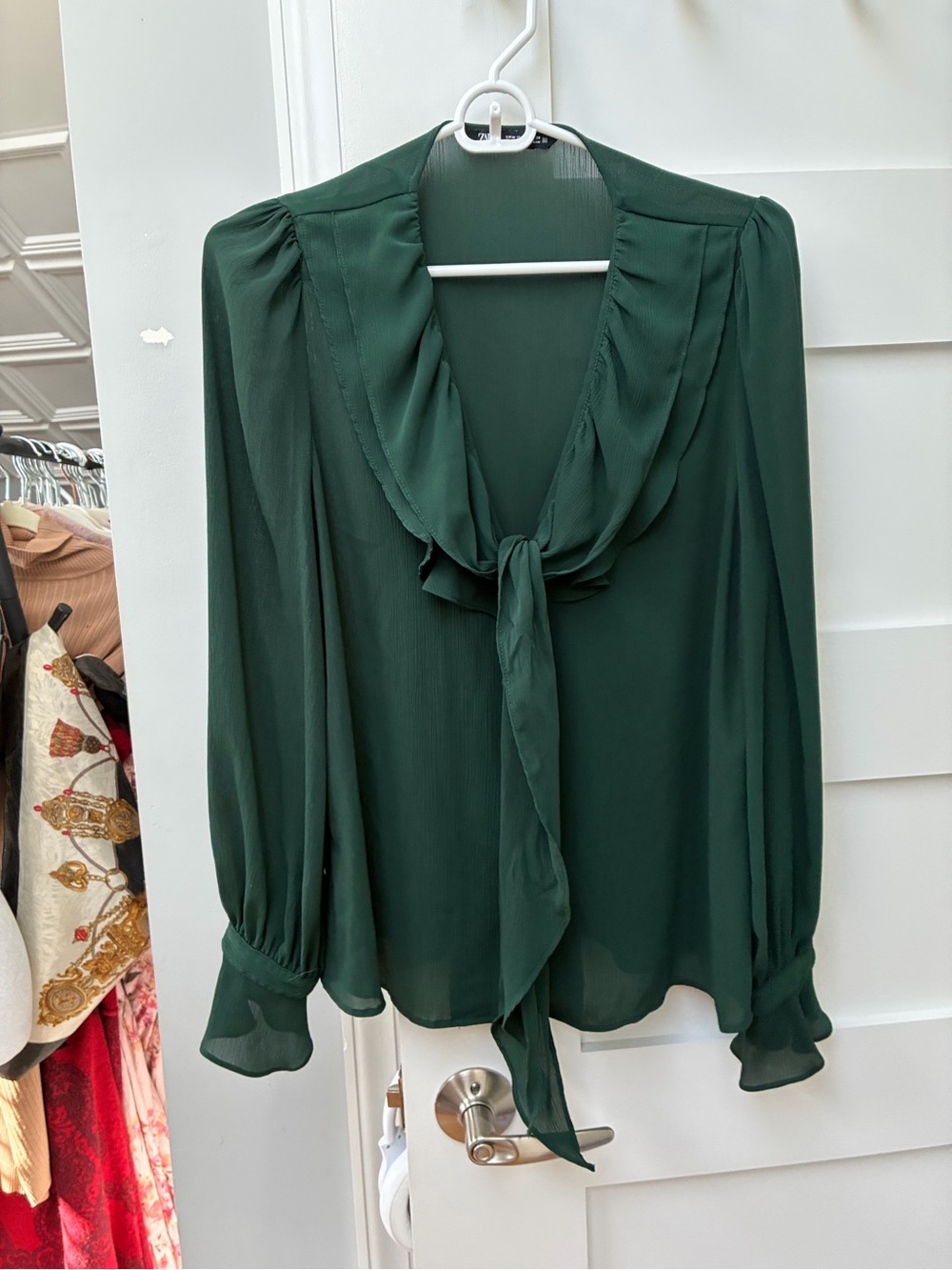 Zara Elegant Dark Green Tie-Neck Blouse size medium